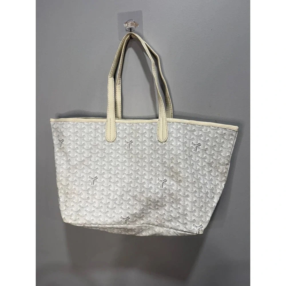 Goyard Saint Louis PM Tote Bag White Grey Goyardine Coated Canvas Leather Trim